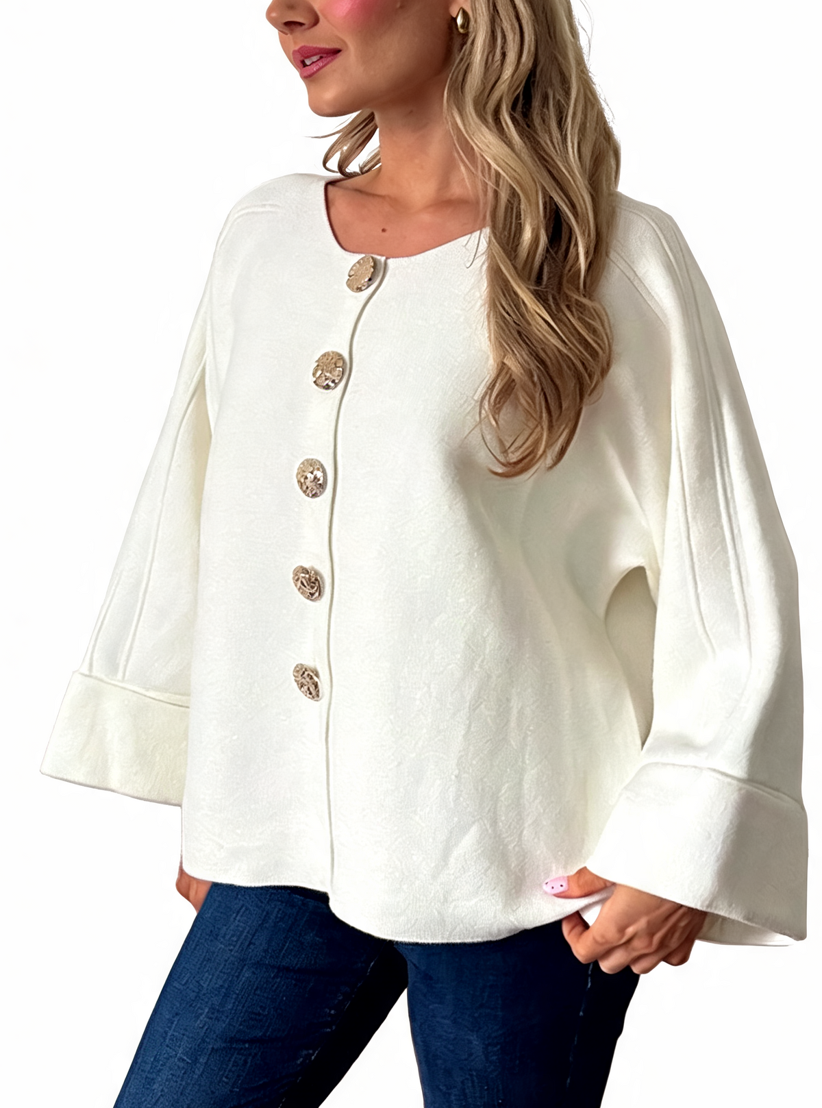 Oversized Textured Button-Front Jacket with Bell Sleeves
