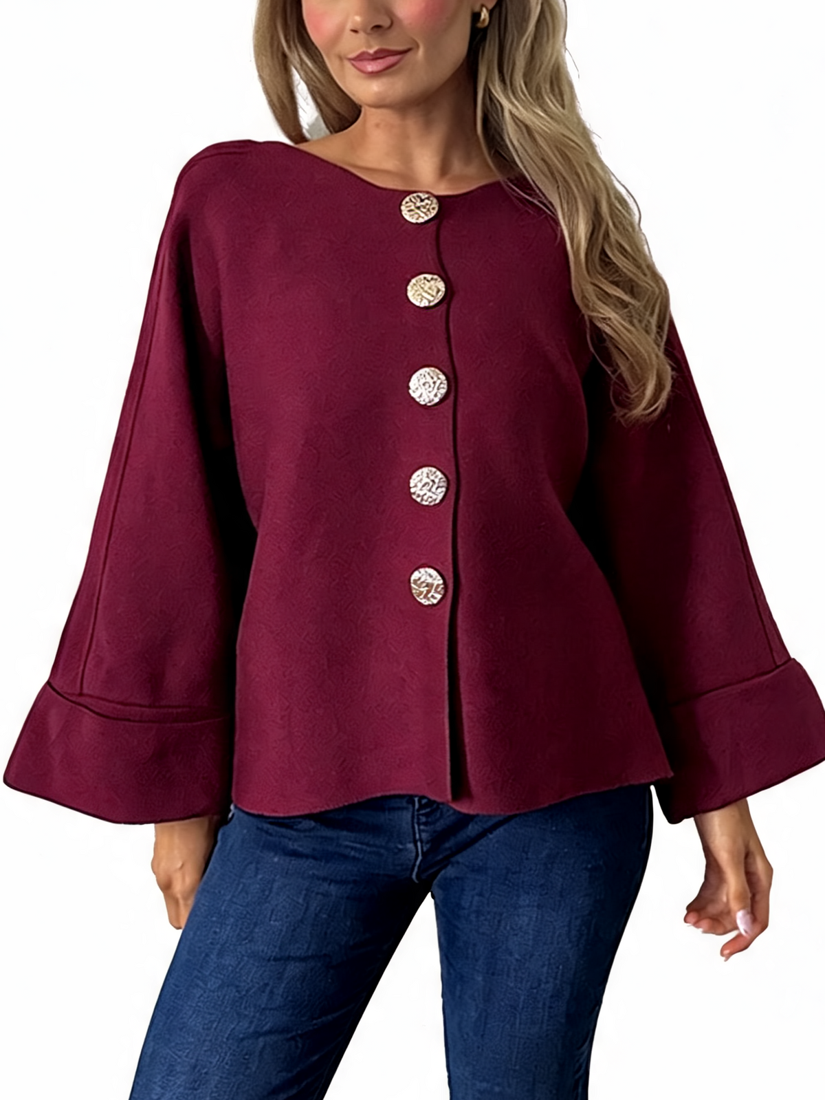 Oversized Textured Button-Front Jacket with Bell Sleeves