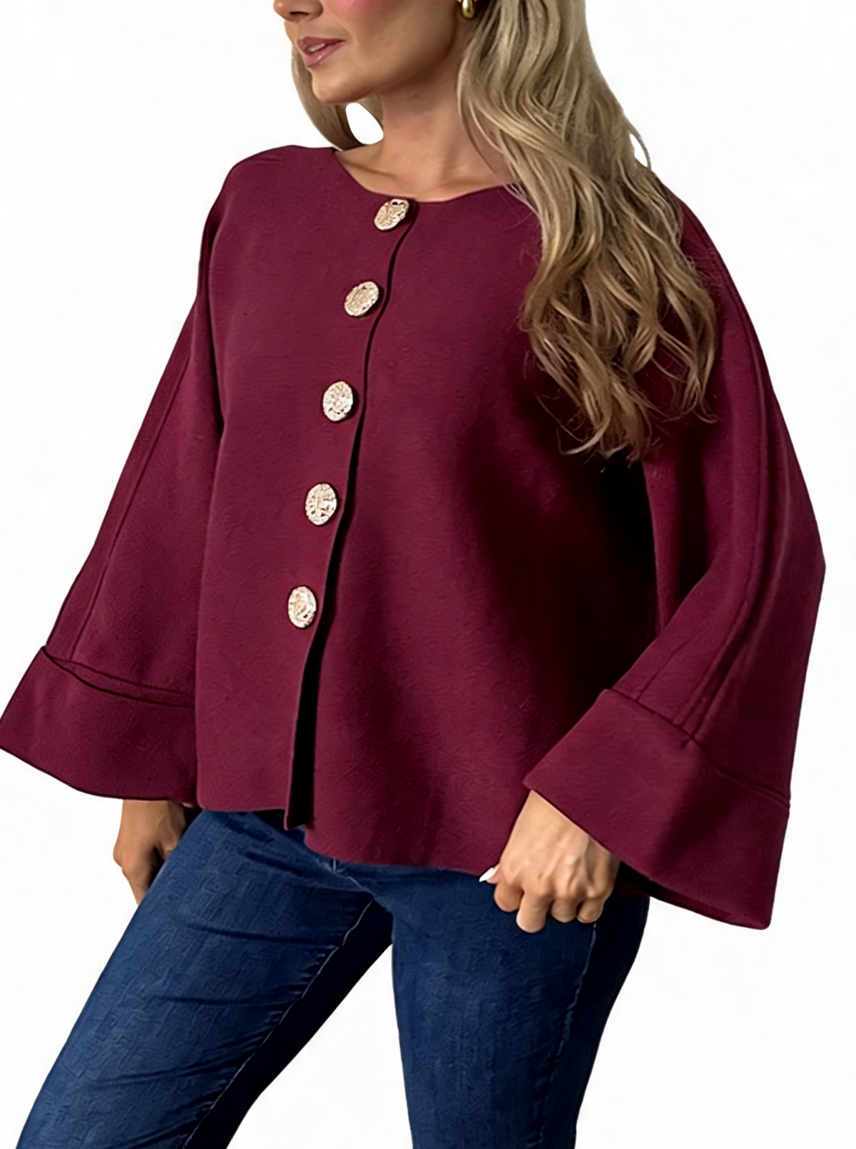 Oversized Textured Button-Front Jacket with Bell Sleeves