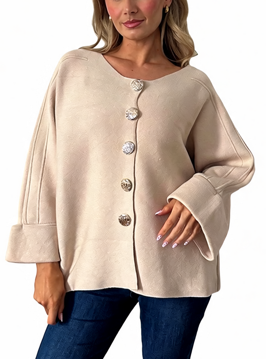 Oversized Textured Button-Front Jacket with Bell Sleeves