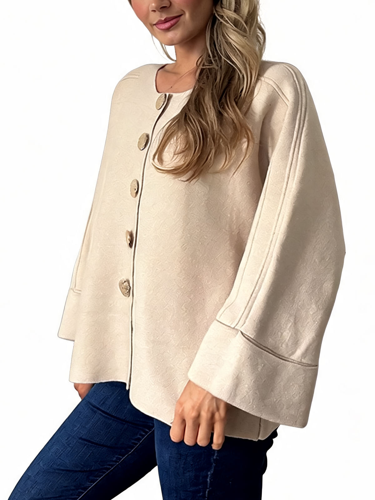 Oversized Textured Button-Front Jacket with Bell Sleeves