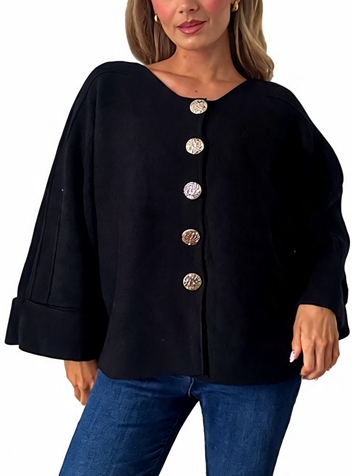 Oversized Textured Button-Front Jacket with Bell Sleeves