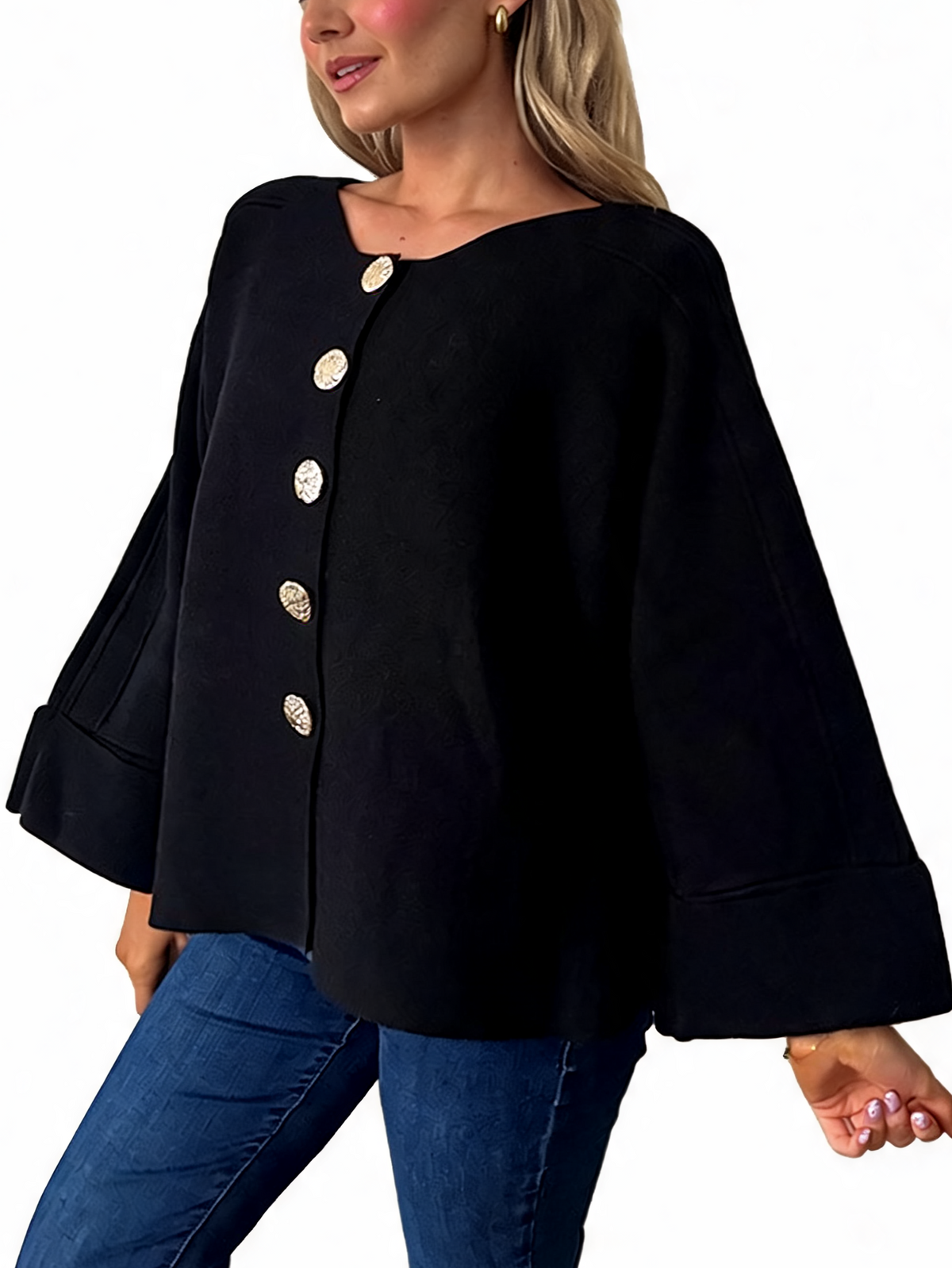 Oversized Textured Button-Front Jacket with Bell Sleeves