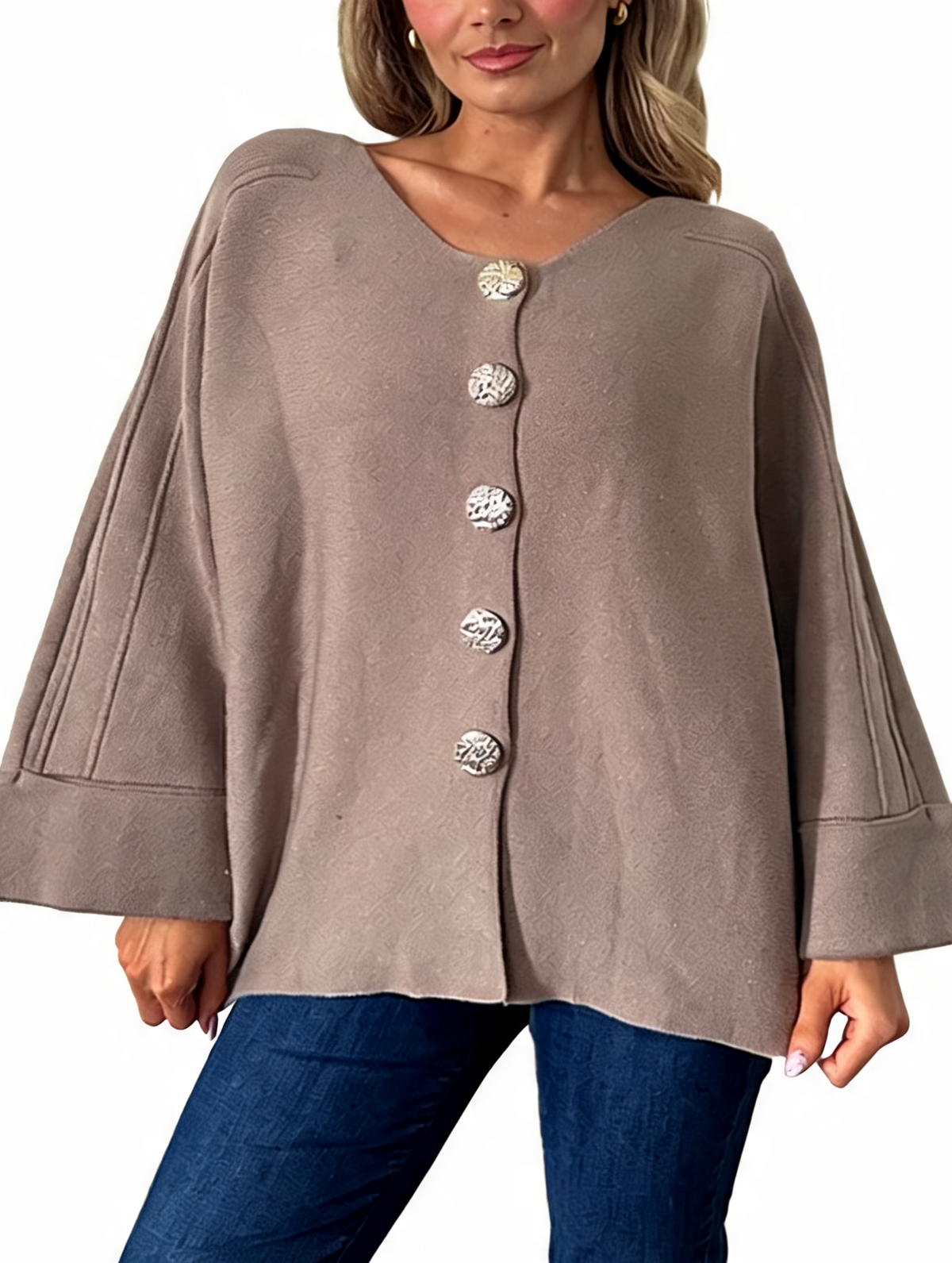 Oversized Textured Button-Front Jacket with Bell Sleeves