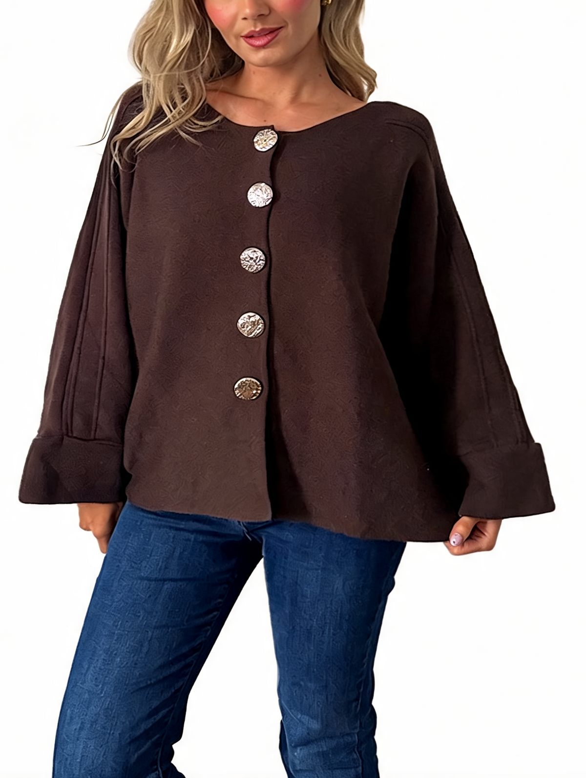 Oversized Textured Button-Front Jacket with Bell Sleeves