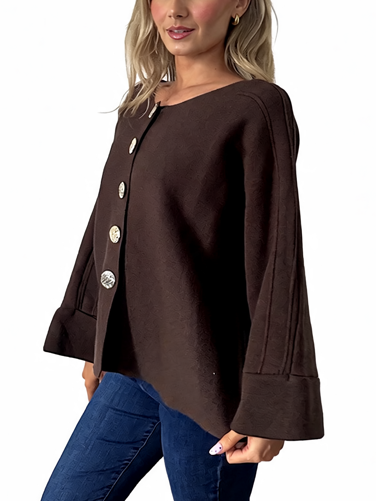 Oversized Textured Button-Front Jacket with Bell Sleeves