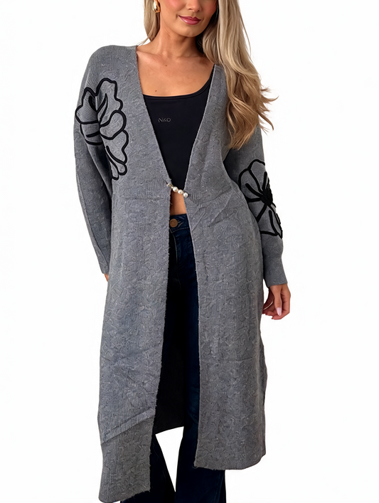 Floral Embroidered Textured Knit Duster with Pearl Clasp Longline Cardigan