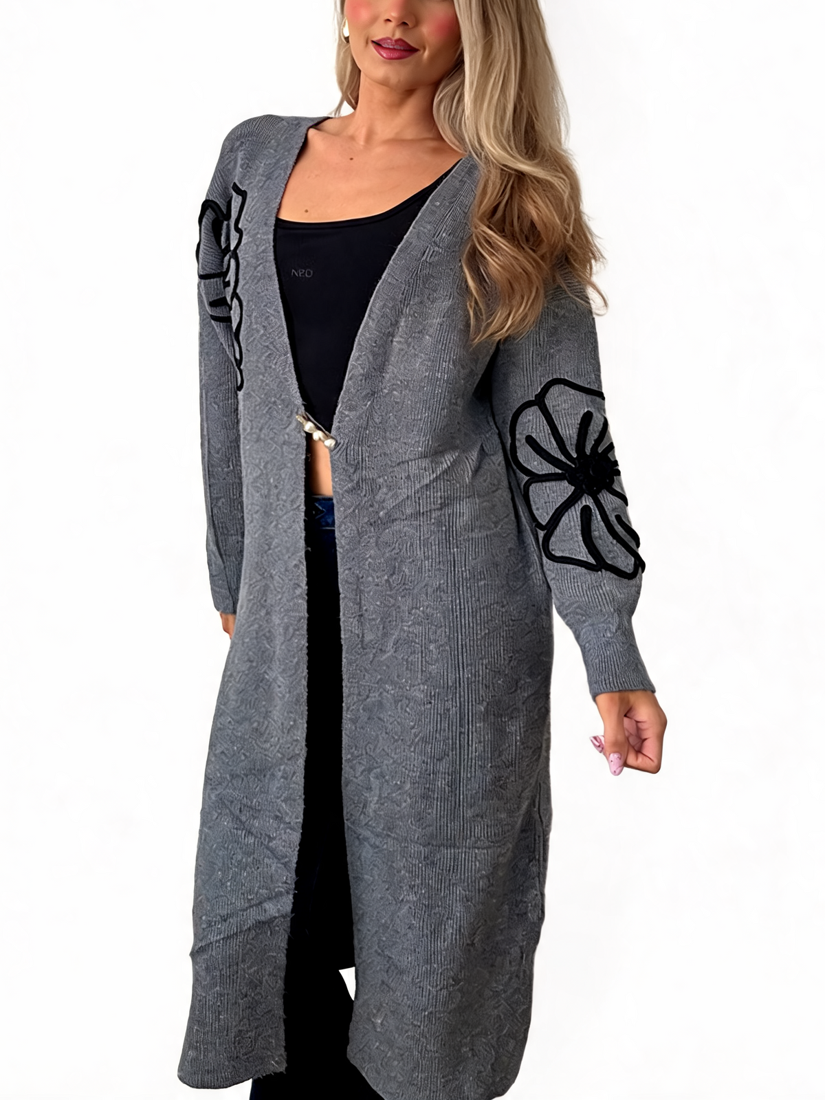 Floral Embroidered Textured Knit Duster with Pearl Clasp Longline Cardigan