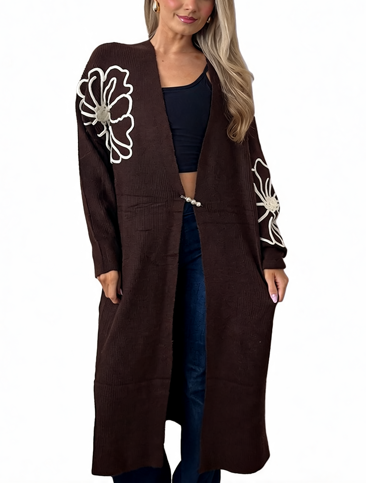 Floral Embroidered Textured Knit Duster with Pearl Clasp Longline Cardigan