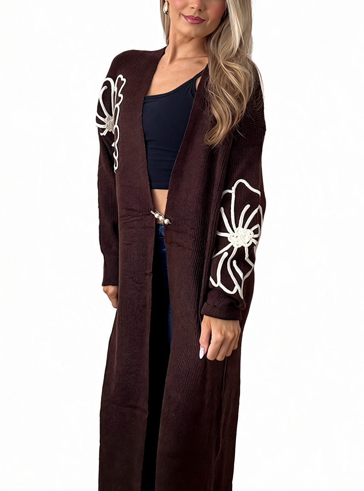 Floral Embroidered Textured Knit Duster with Pearl Clasp Longline Cardigan