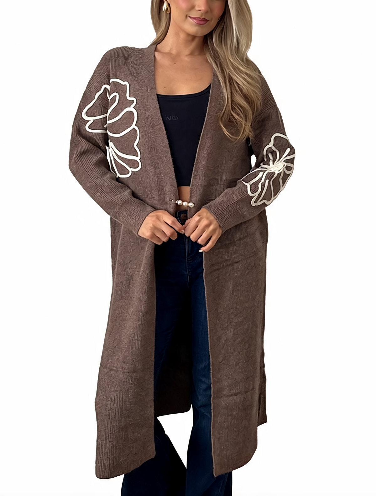 Floral Embroidered Textured Knit Duster with Pearl Clasp Longline Cardigan