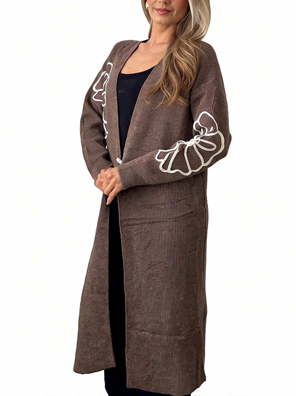 Floral Embroidered Textured Knit Duster with Pearl Clasp Longline Cardigan