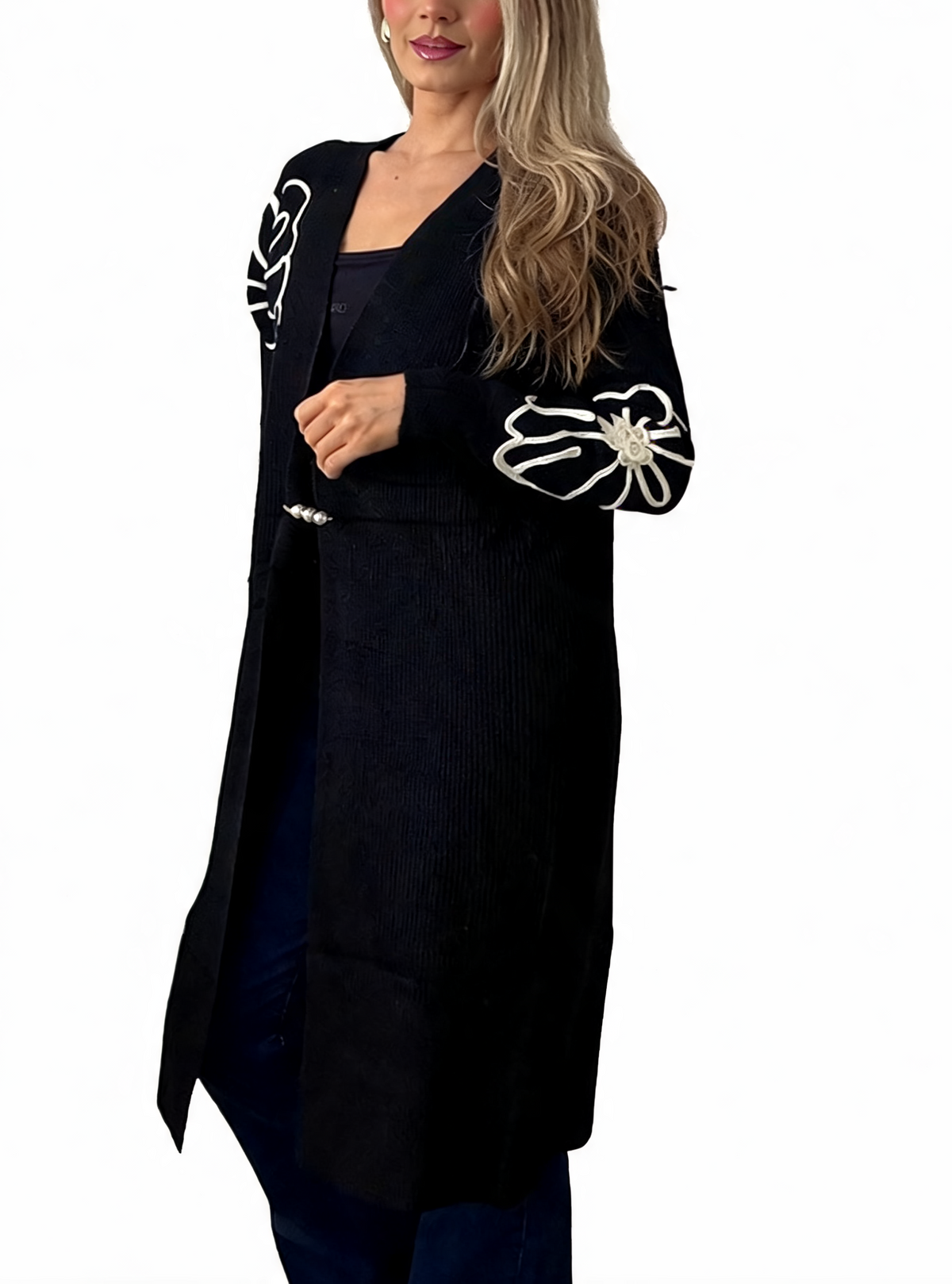 Floral Embroidered Textured Knit Duster with Pearl Clasp Longline Cardigan