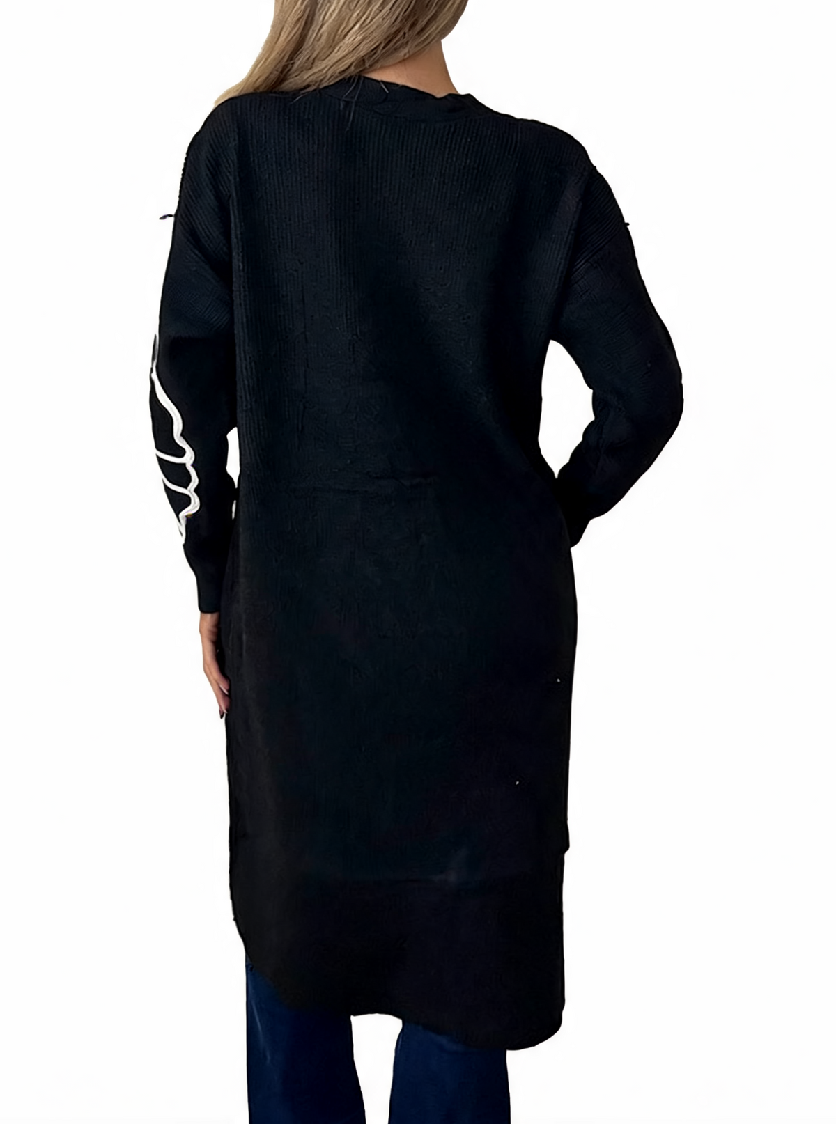 Floral Embroidered Textured Knit Duster with Pearl Clasp Longline Cardigan