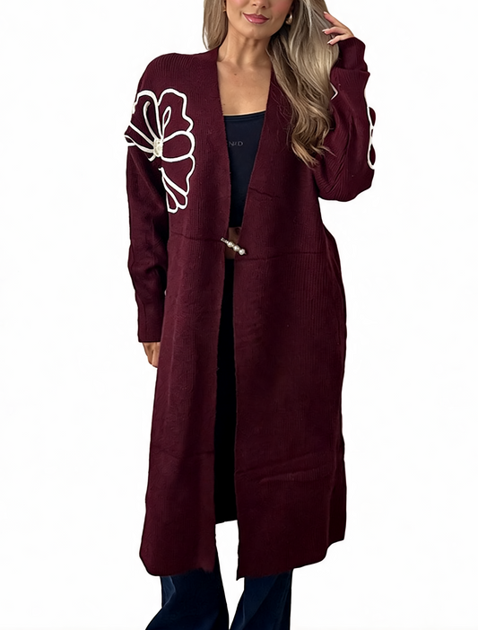 Burgundy textured knit longline cardigan with floral embroidery and pearl clasp