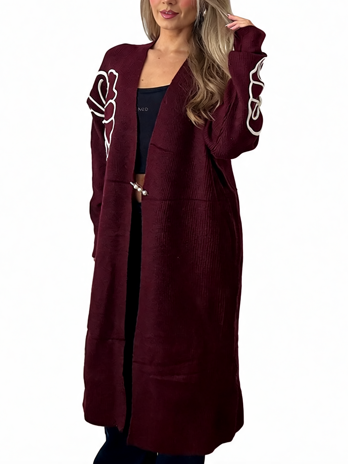 Floral Embroidered Textured Knit Duster with Pearl Clasp Longline Cardigan