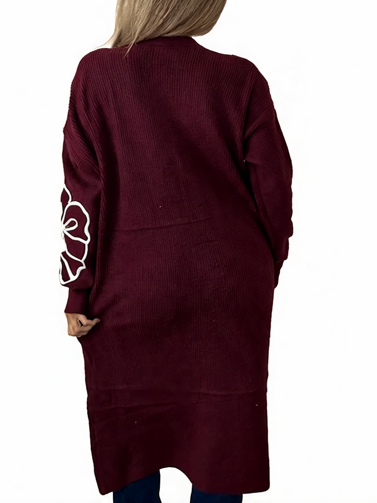 Floral Embroidered Textured Knit Duster with Pearl Clasp Longline Cardigan