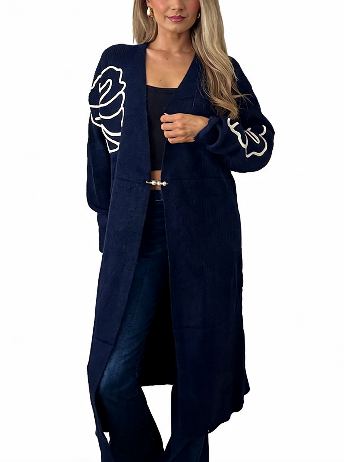 Floral Embroidered Textured Knit Duster with Pearl Clasp Longline Cardigan
