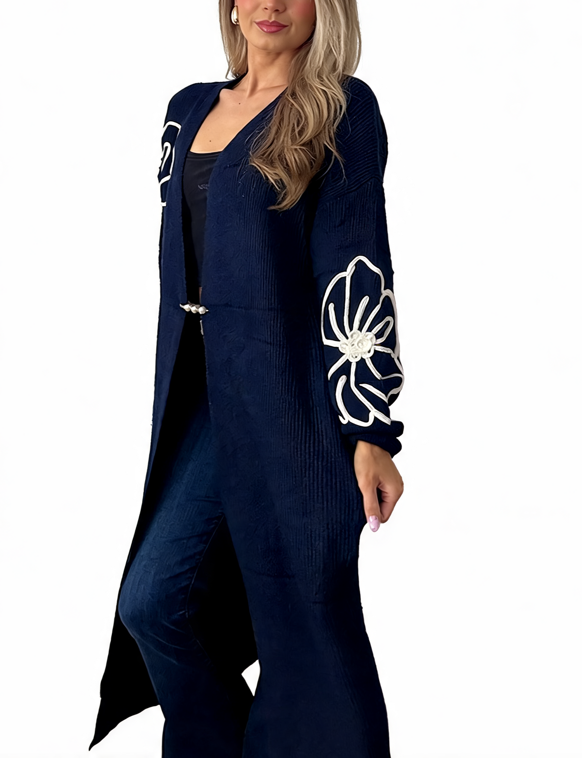 Floral Embroidered Textured Knit Duster with Pearl Clasp Longline Cardigan
