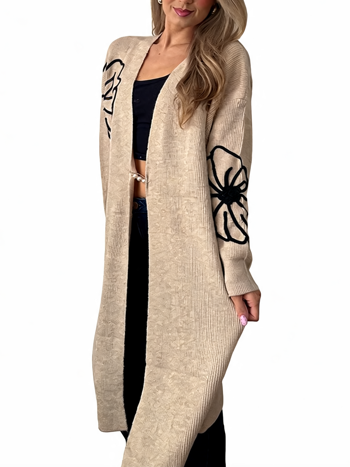 Floral Embroidered Textured Knit Duster with Pearl Clasp Longline Cardigan