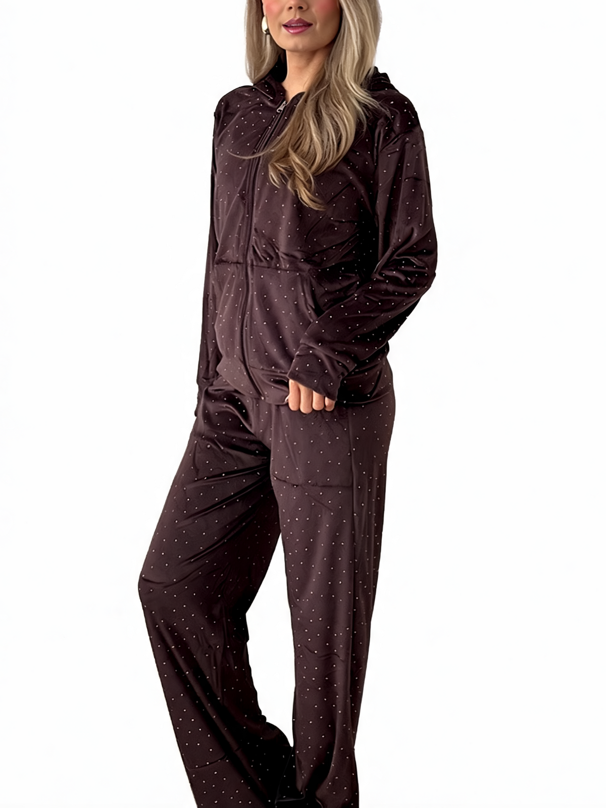 Diamante Embellished Zip-Up Hoodie & Wide Leg Pants – 2-Piece Lounge Set