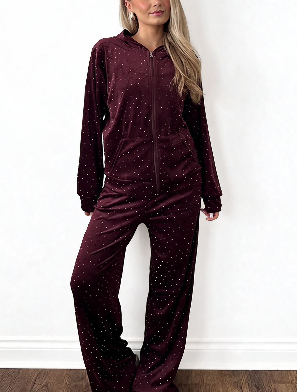 Diamante Embellished Zip-Up Hoodie & Wide Leg Pants – 2-Piece Lounge Set