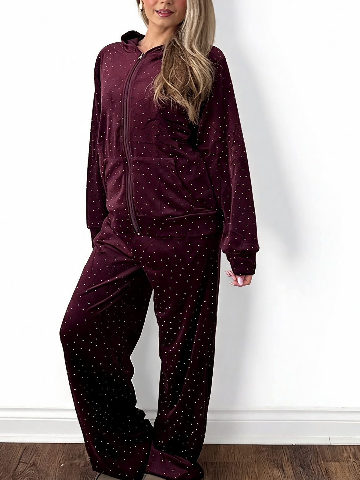 Diamante Embellished Zip-Up Hoodie & Wide Leg Pants – 2-Piece Lounge Set