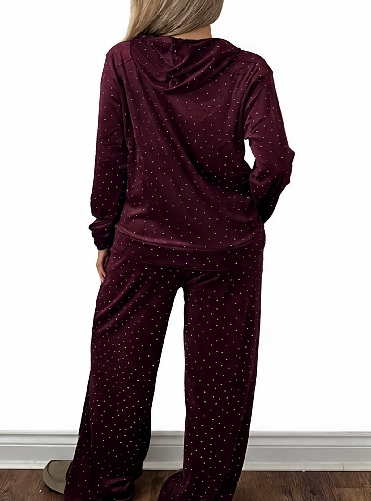 Diamante Embellished Zip-Up Hoodie & Wide Leg Pants – 2-Piece Lounge Set