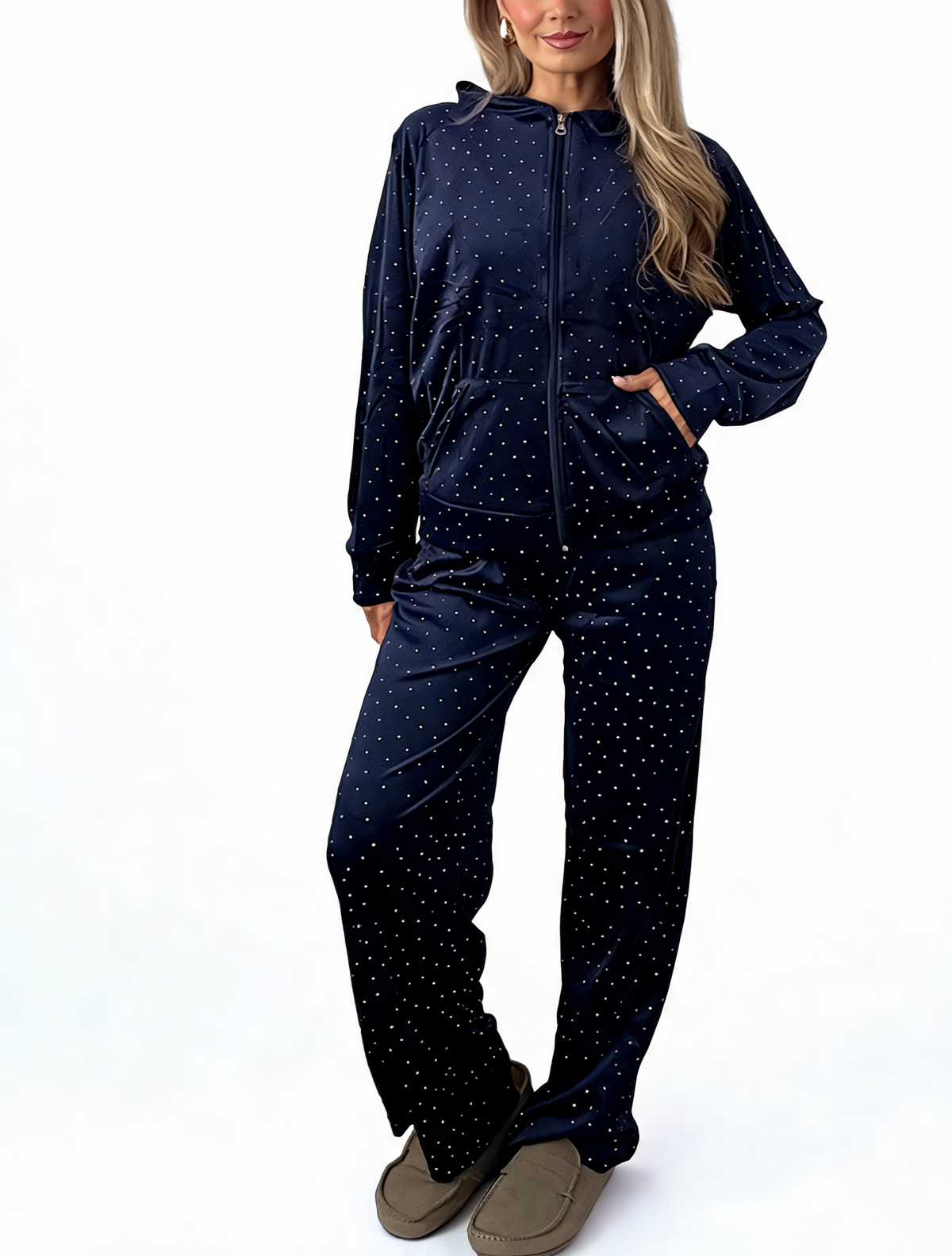 Diamante Embellished Zip-Up Hoodie & Wide Leg Pants – 2-Piece Lounge Set