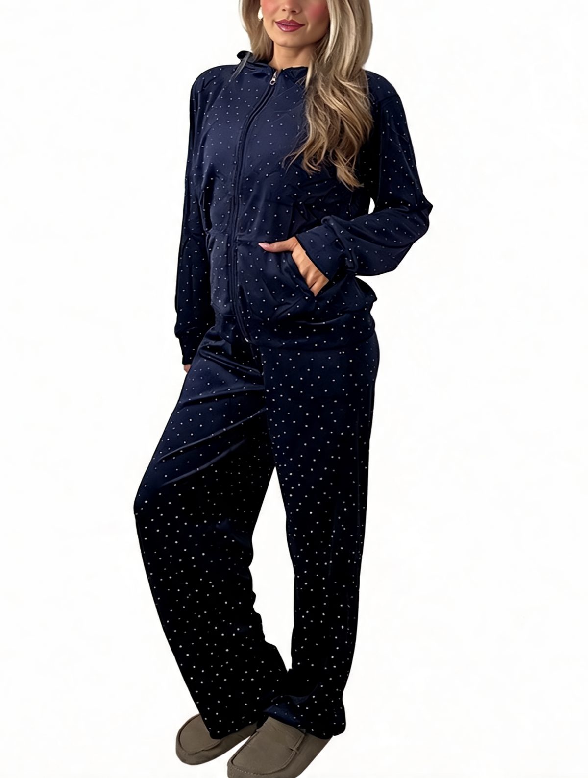 Diamante Embellished Zip-Up Hoodie & Wide Leg Pants – 2-Piece Lounge Set