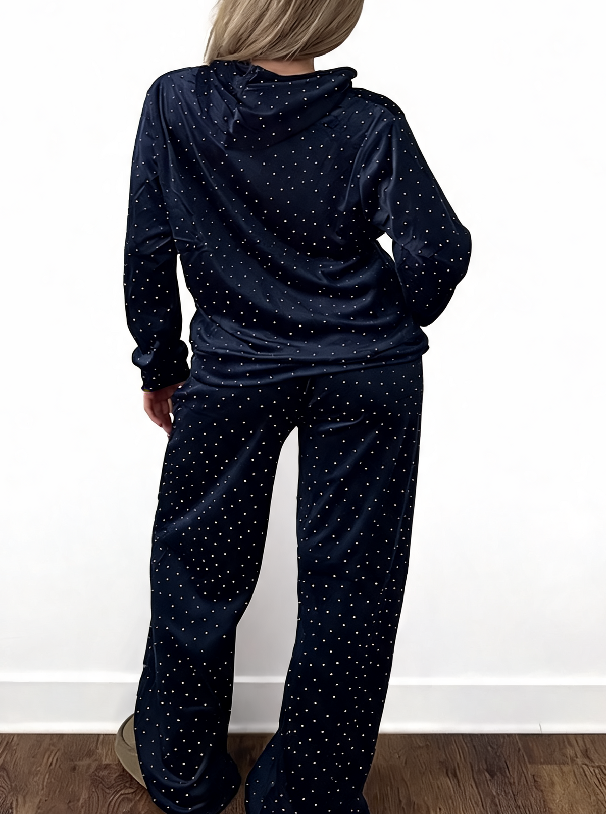 Diamante Embellished Zip-Up Hoodie & Wide Leg Pants – 2-Piece Lounge Set
