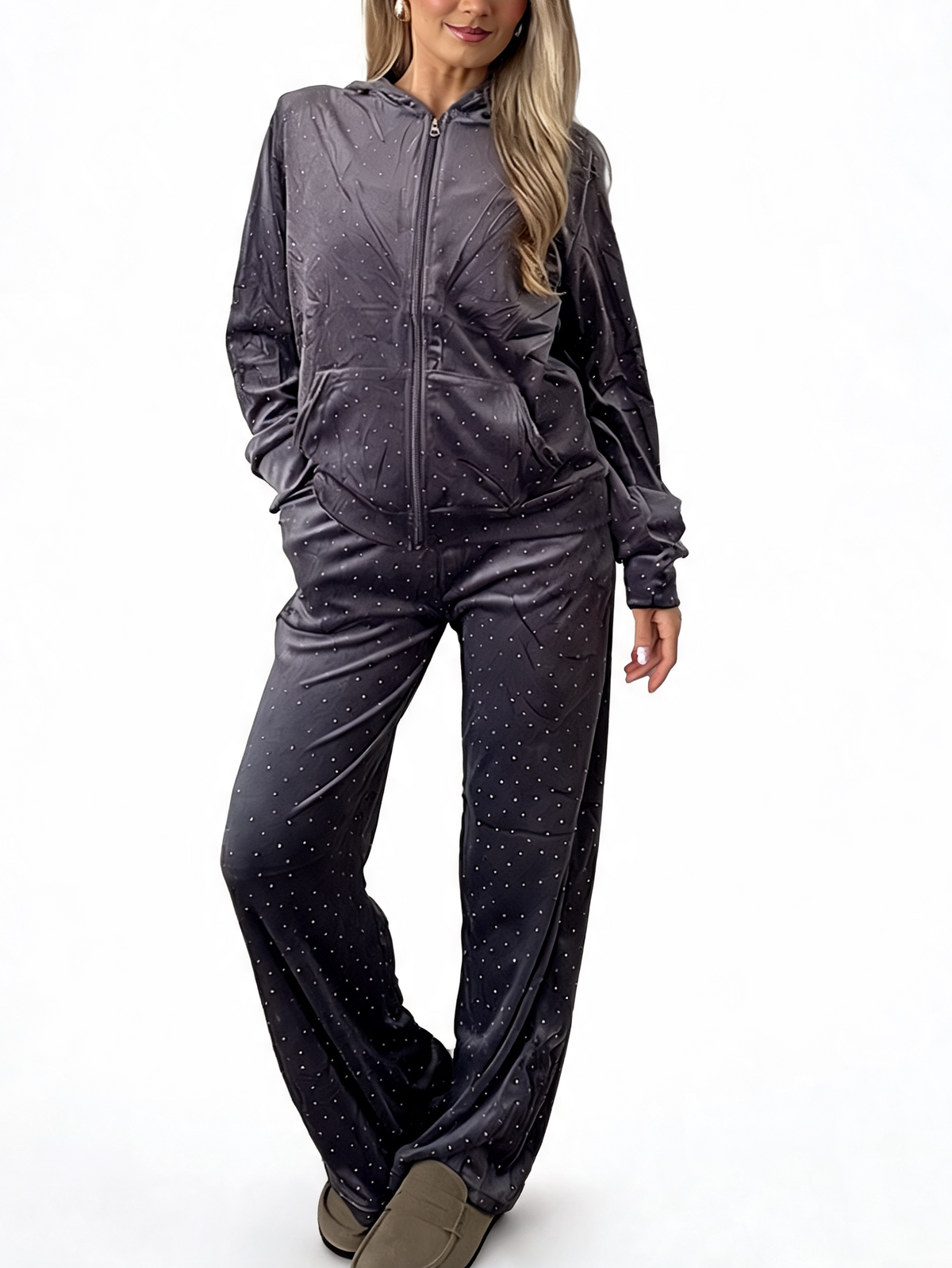 Diamante Embellished Zip-Up Hoodie & Wide Leg Pants – 2-Piece Lounge Set