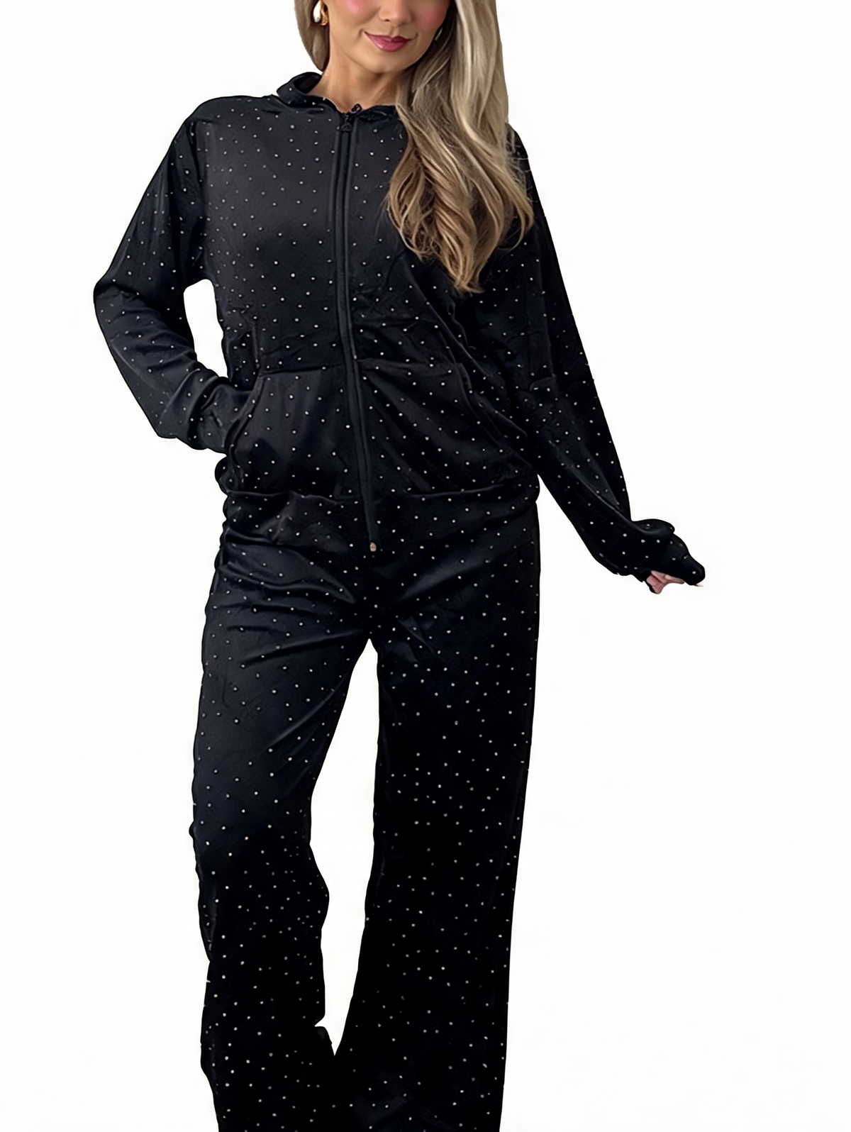 Diamante Embellished Zip-Up Hoodie & Wide Leg Pants – 2-Piece Lounge Set