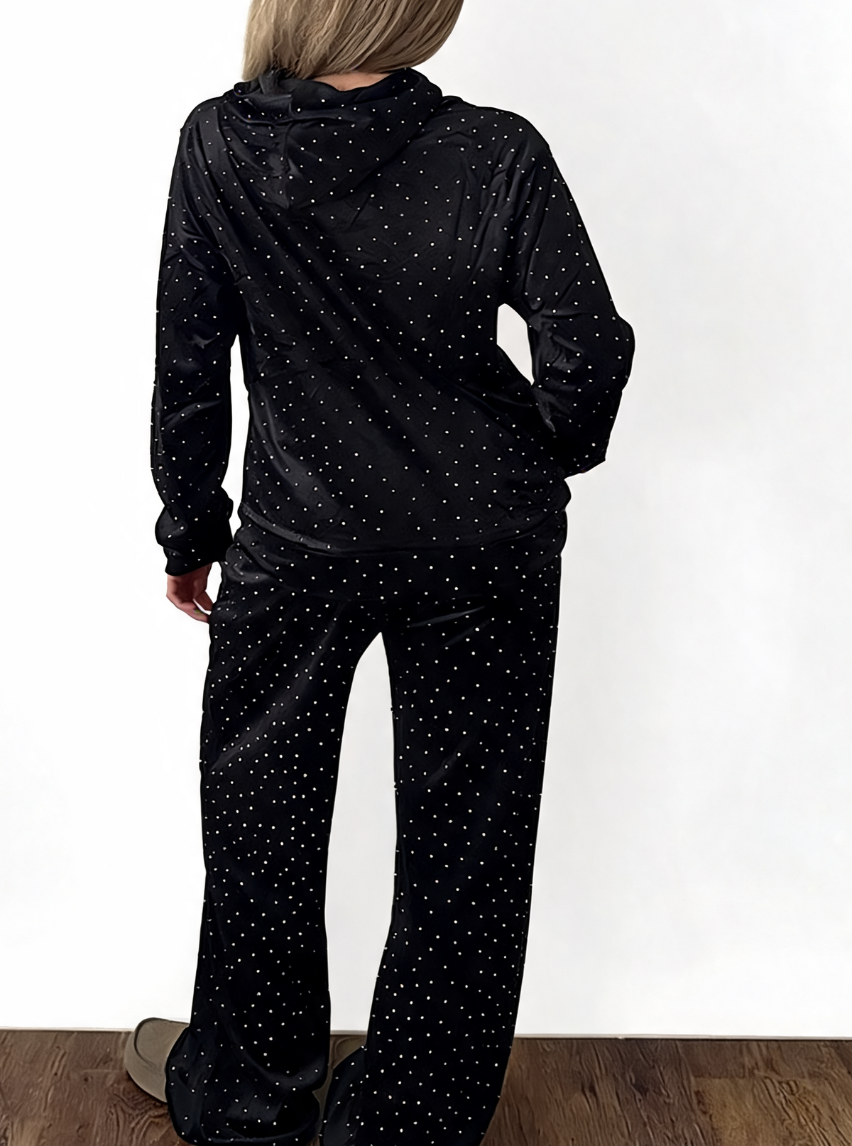 Diamante Embellished Zip-Up Hoodie & Wide Leg Pants – 2-Piece Lounge Set