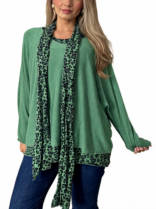 Oversized leopard-trim tunic top with matching scarf in green with black print