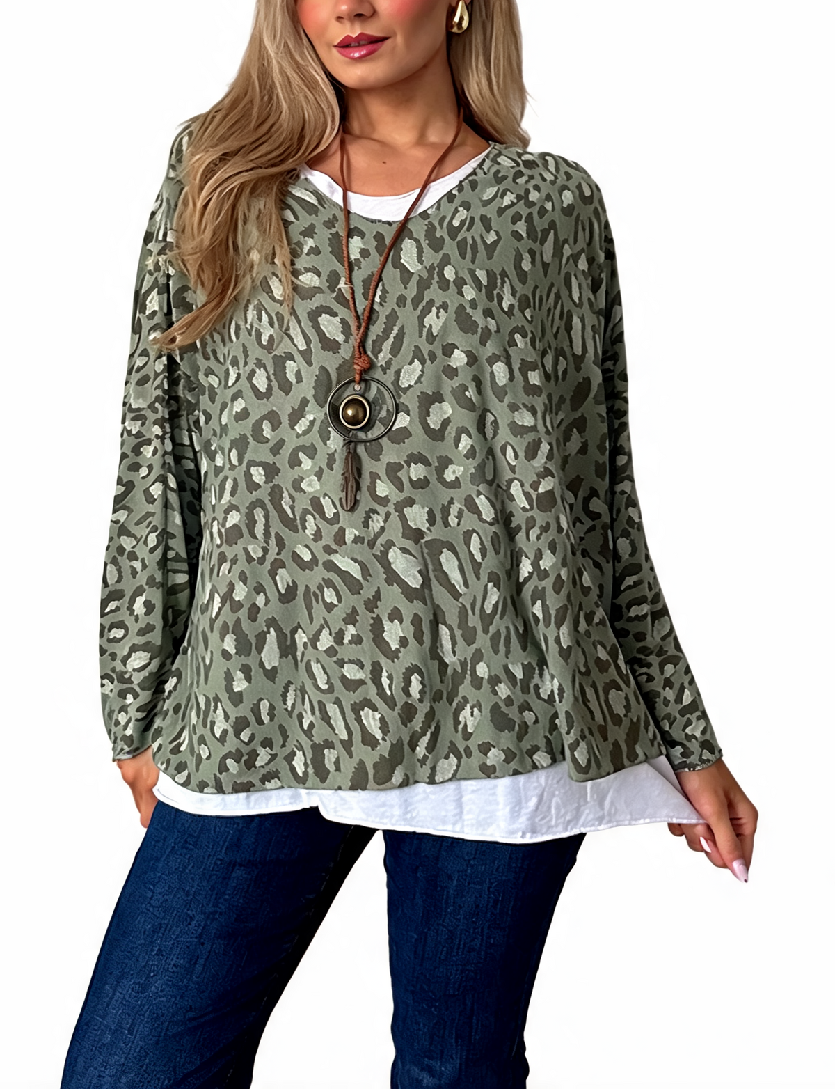 Leopard Print Layered-Look Top with Contrast Hem