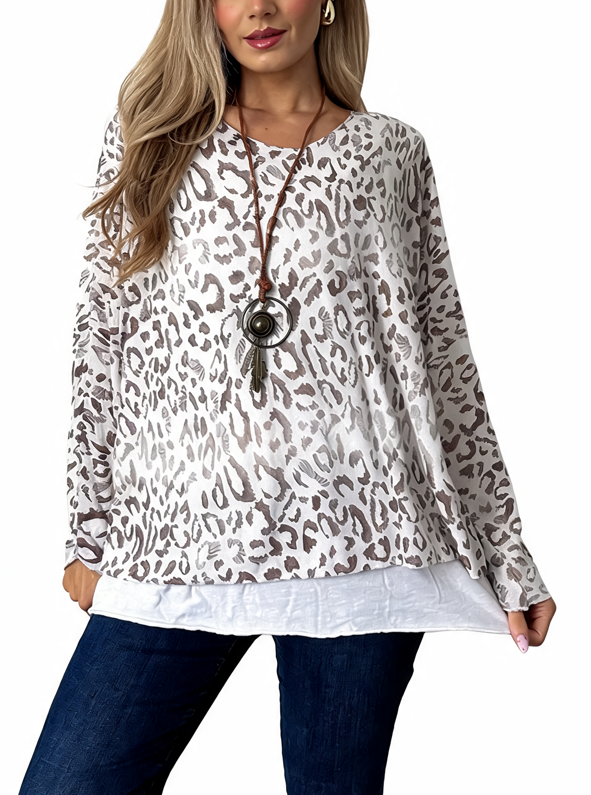 Leopard Print Layered-Look Top with Contrast Hem