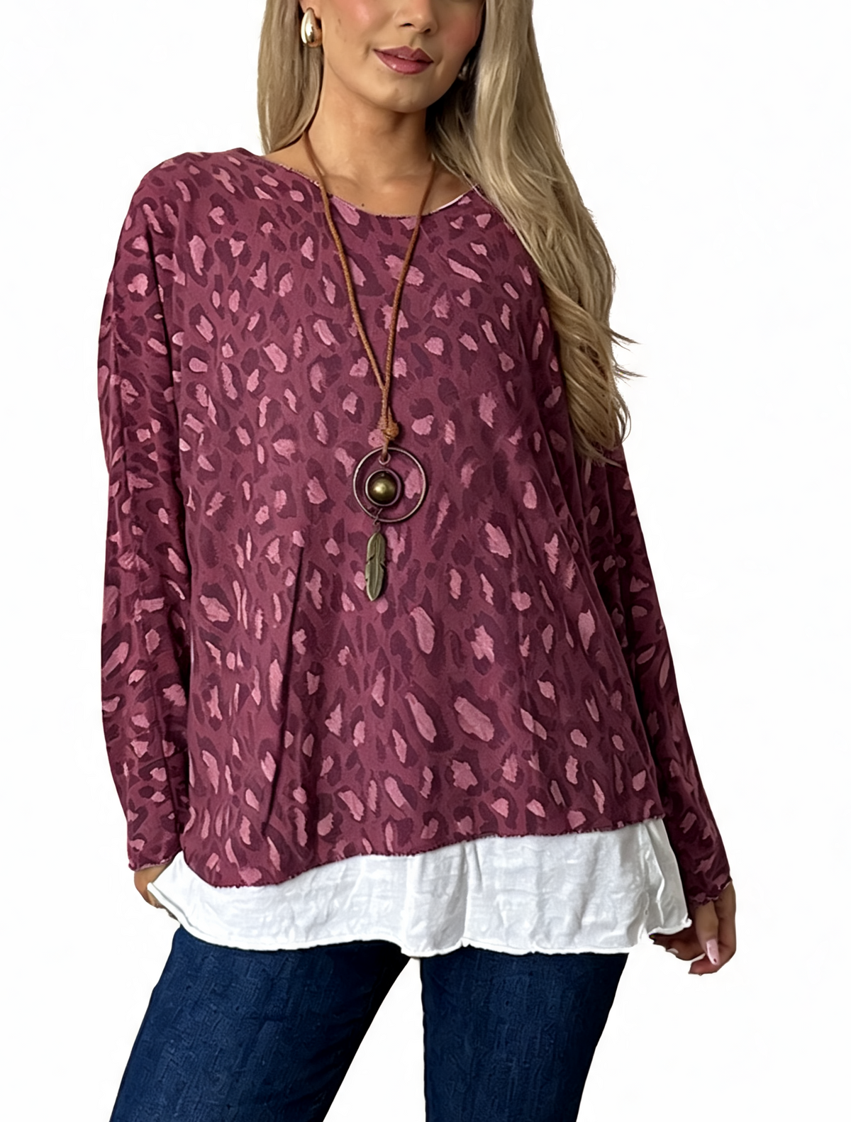 Leopard Print Layered-Look Top with Contrast Hem