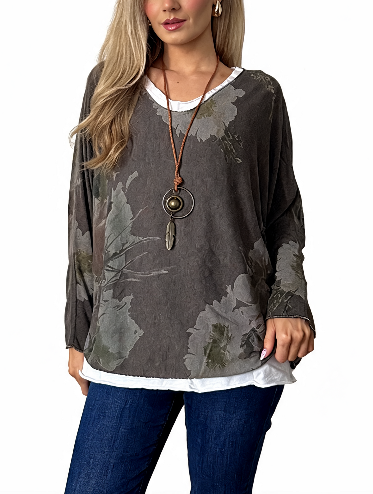 Watercolor Floral Layered-Look Top with Contrast Hem