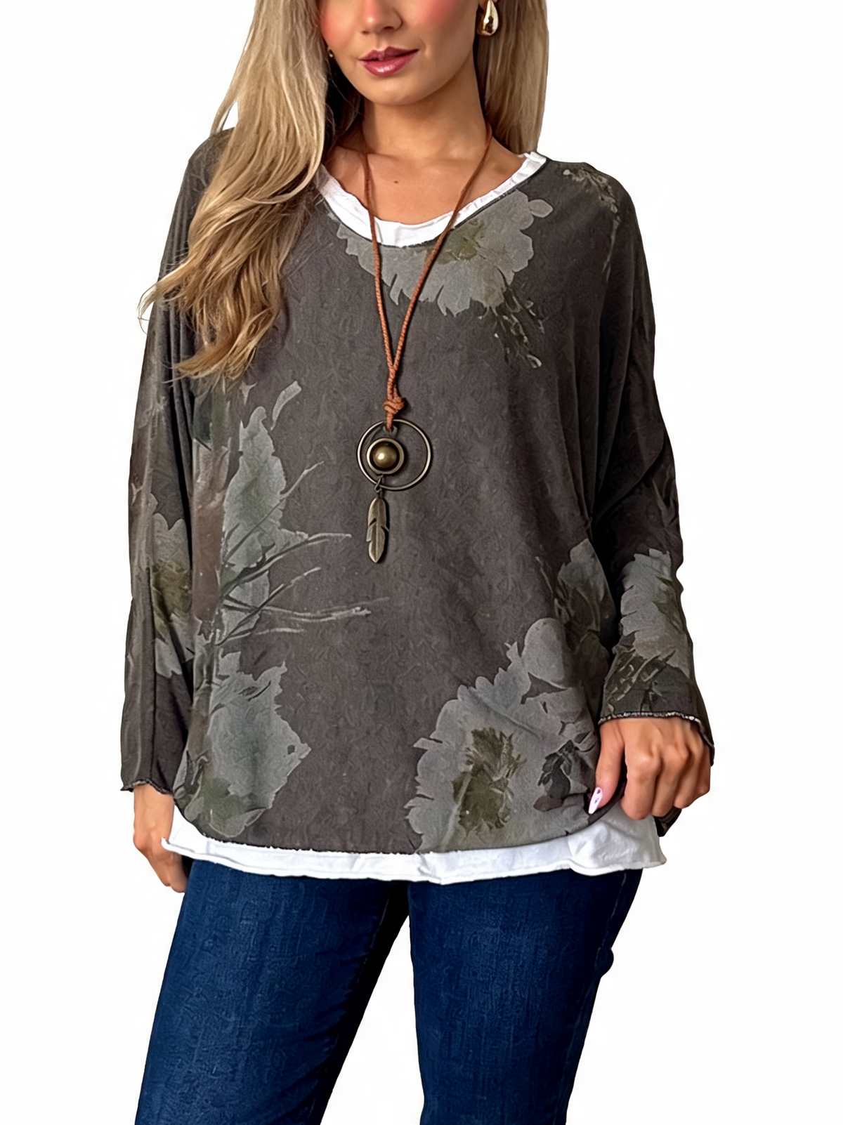 Watercolor Floral Layered-Look Top with Contrast Hem