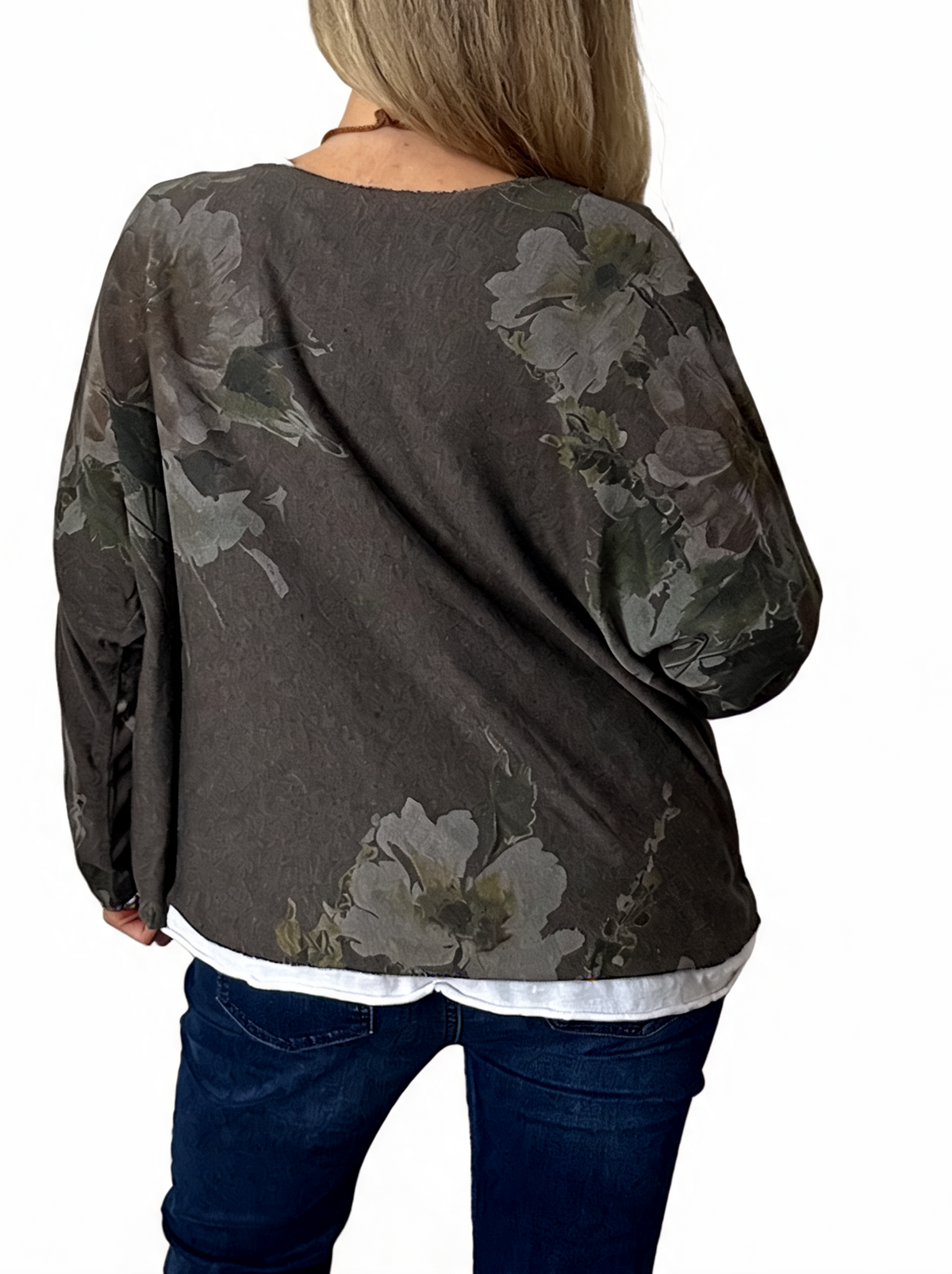 Watercolor Floral Layered-Look Top with Contrast Hem