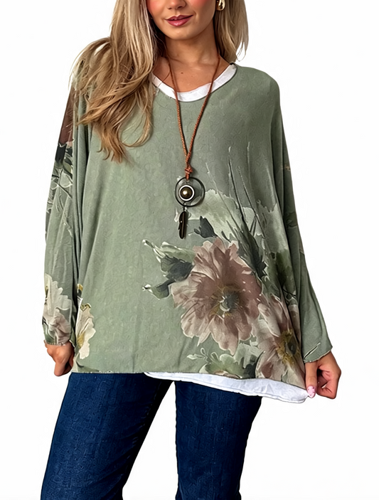 Watercolor Floral Layered-Look Top with Contrast Hem