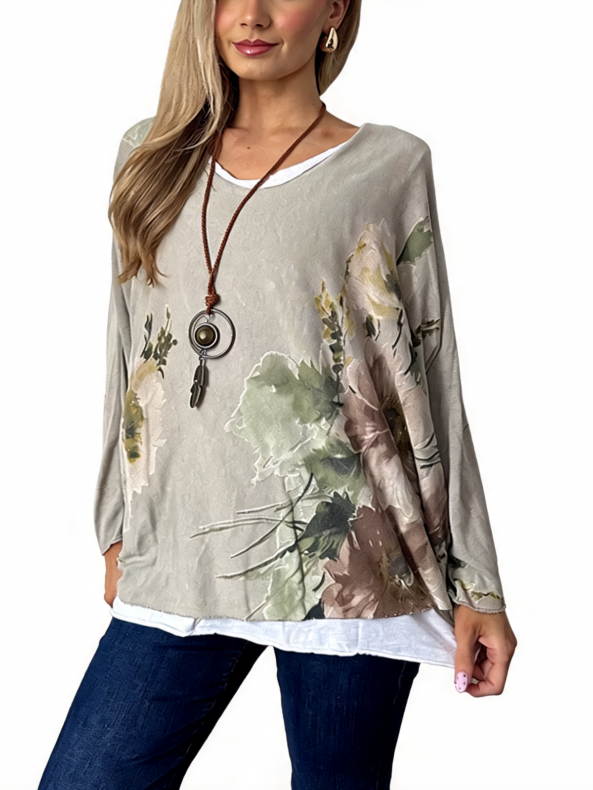 Watercolor Floral Layered-Look Top with Contrast Hem