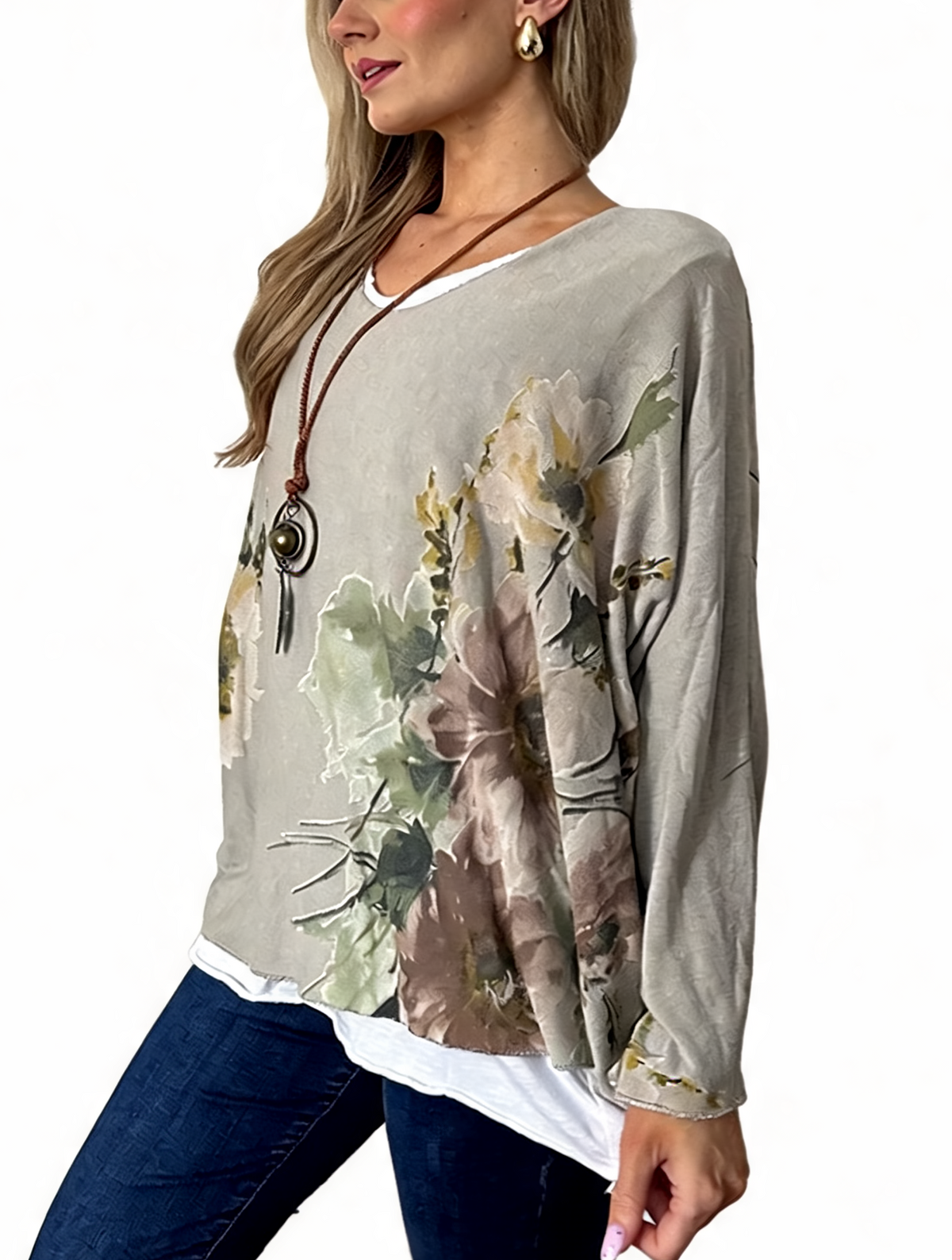 Watercolor Floral Layered-Look Top with Contrast Hem