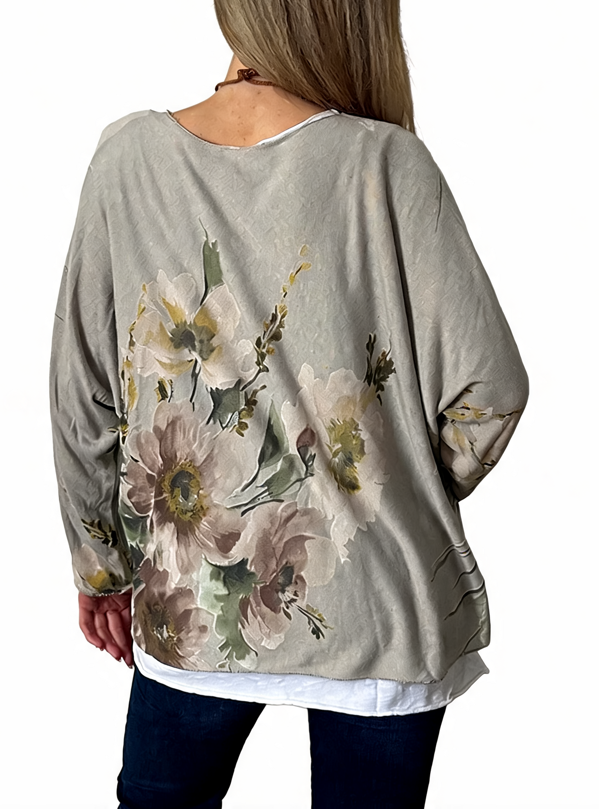 Watercolor Floral Layered-Look Top with Contrast Hem