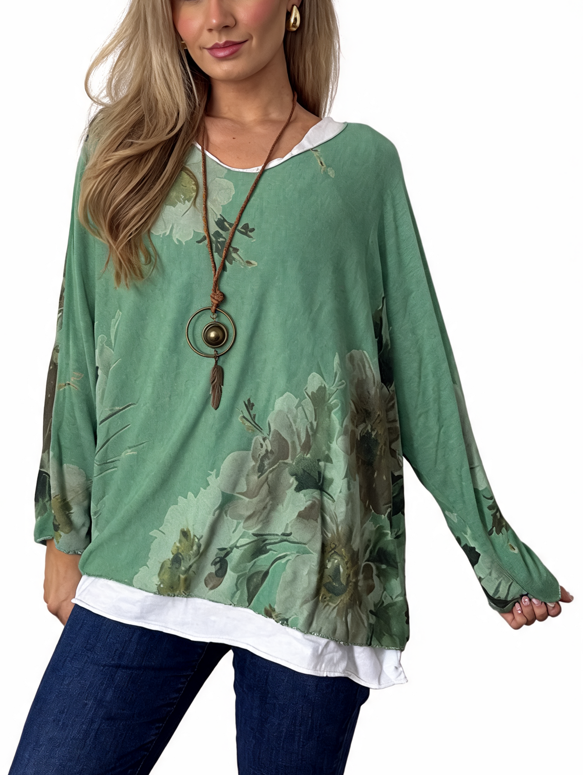 Watercolor Floral Layered-Look Top with Contrast Hem