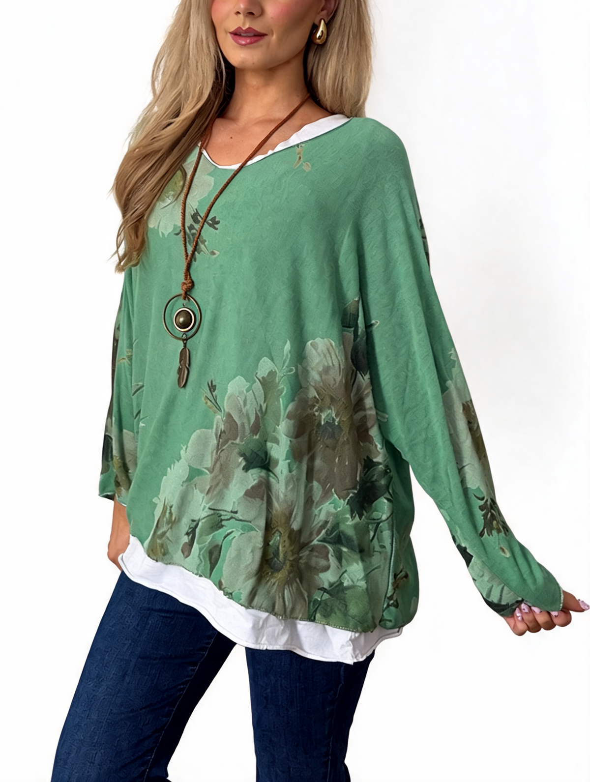 Watercolor Floral Layered-Look Top with Contrast Hem