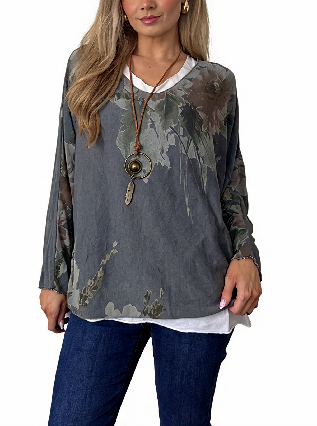 Watercolor Floral Layered-Look Top with Contrast Hem