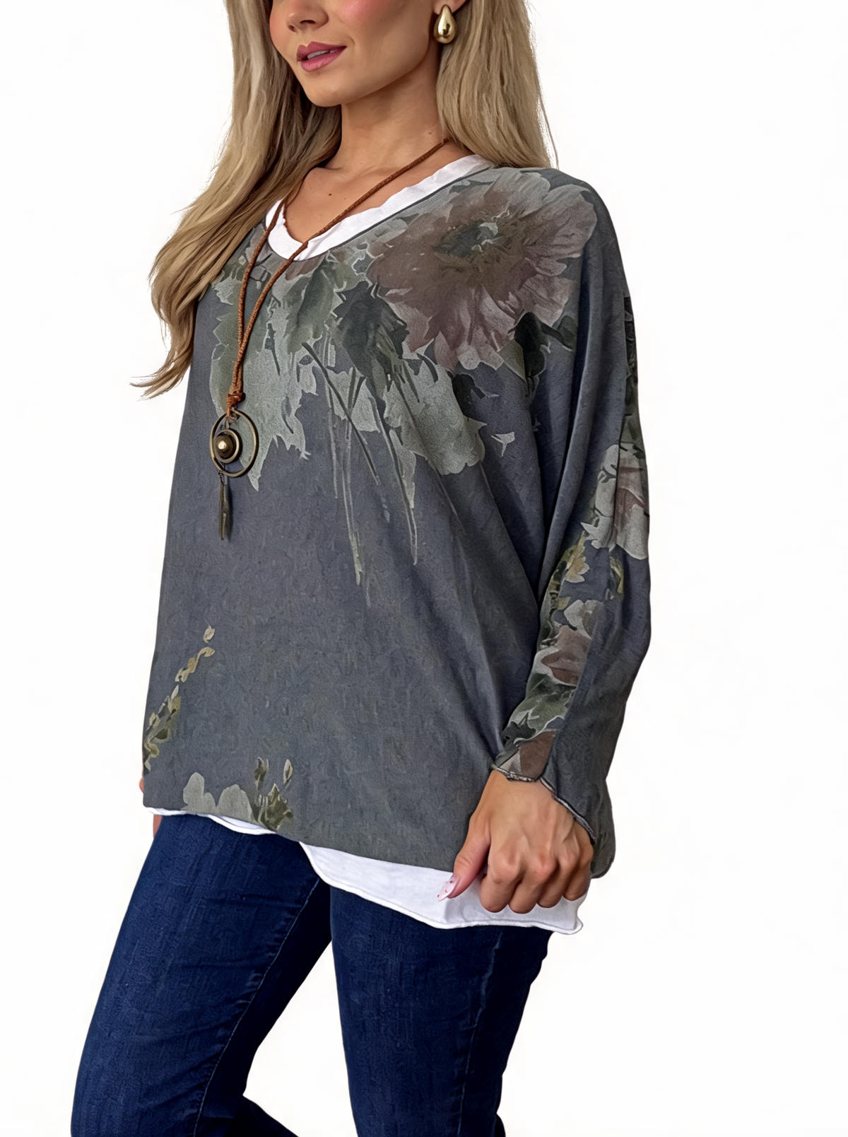 Watercolor Floral Layered-Look Top with Contrast Hem