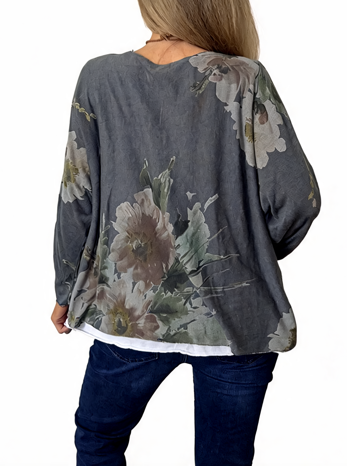 Watercolor Floral Layered-Look Top with Contrast Hem